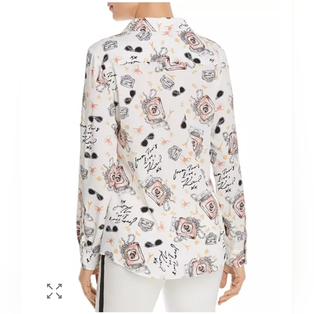 KARL LAGERFELD PARIS Whimsical Signature-Printed Blouse size M NWOT - Picture 2 of 8